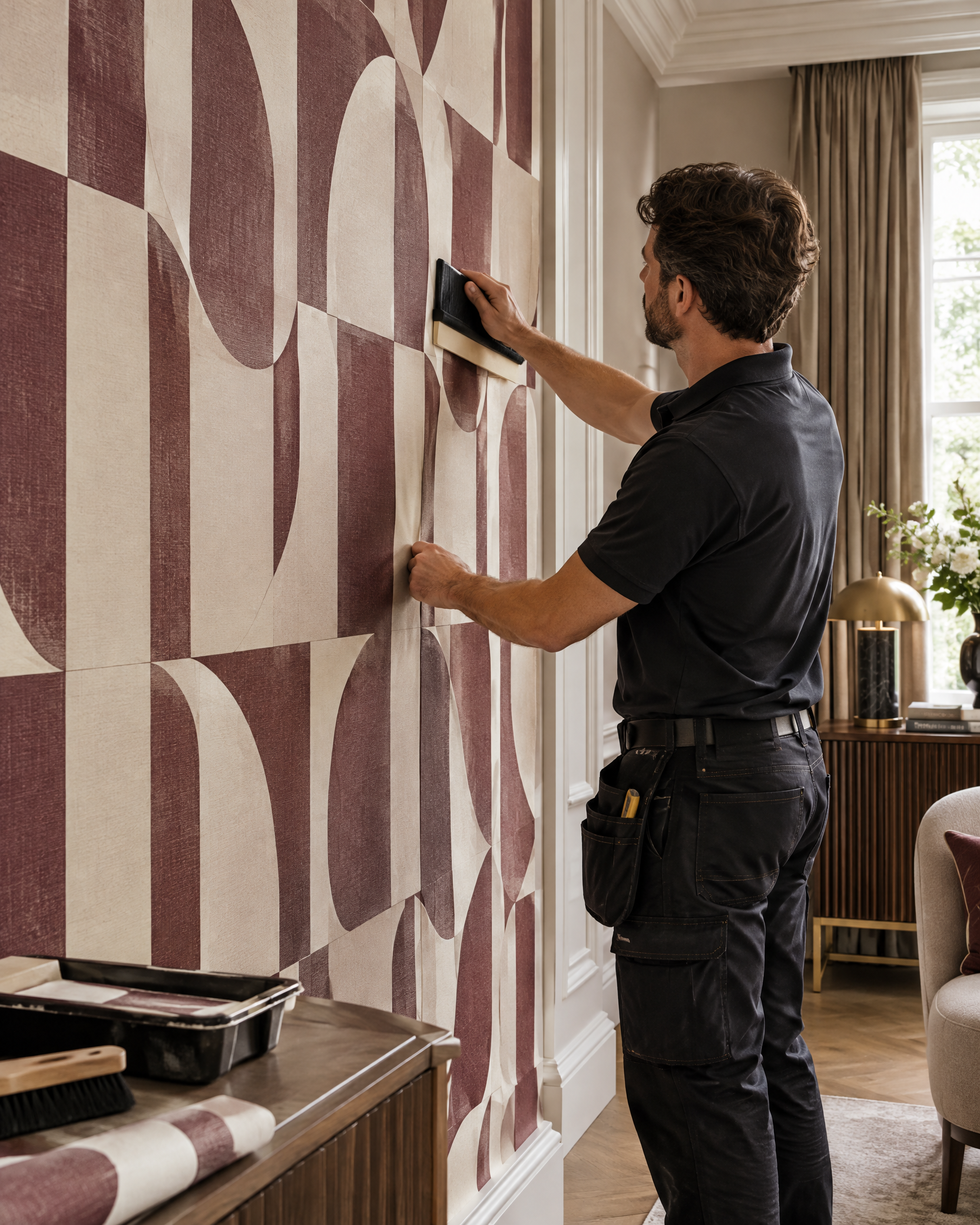 Professional wallpaper installer working on a prestigious luxury interior installation