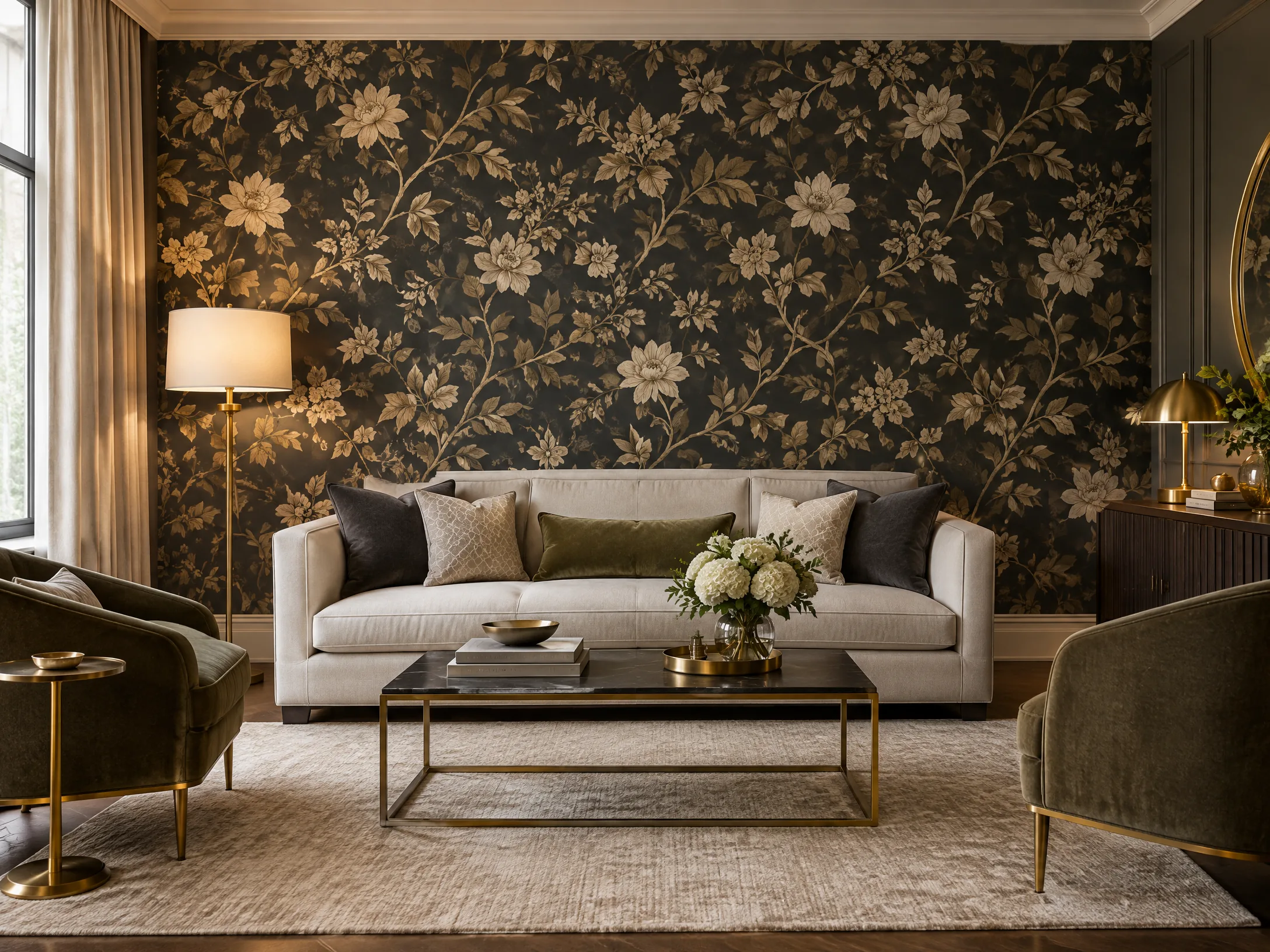 Sophisticated living room with dark botanical wallpaper feature wall