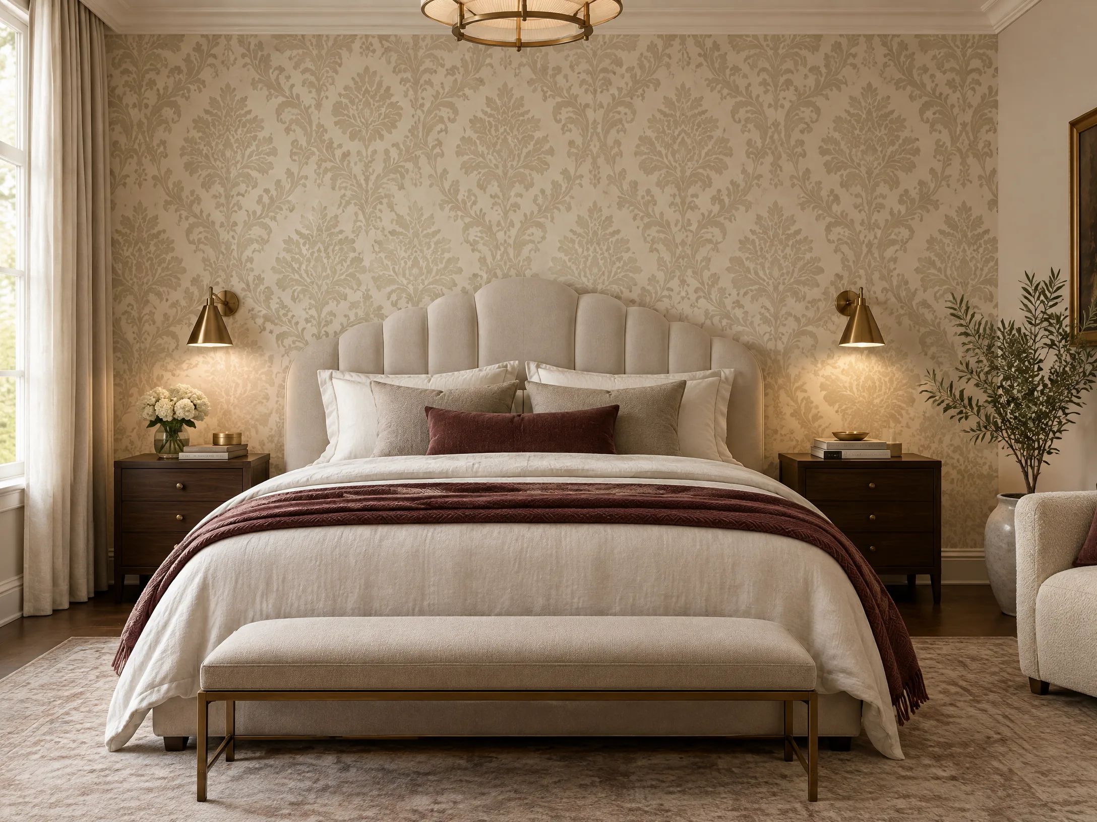 Premium bedroom with cream damask wallcovering