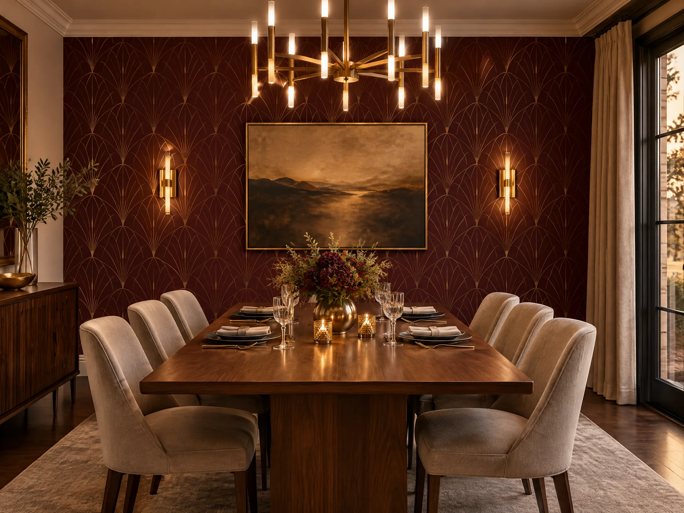 Elegant dining room with burgundy art deco wallpaper