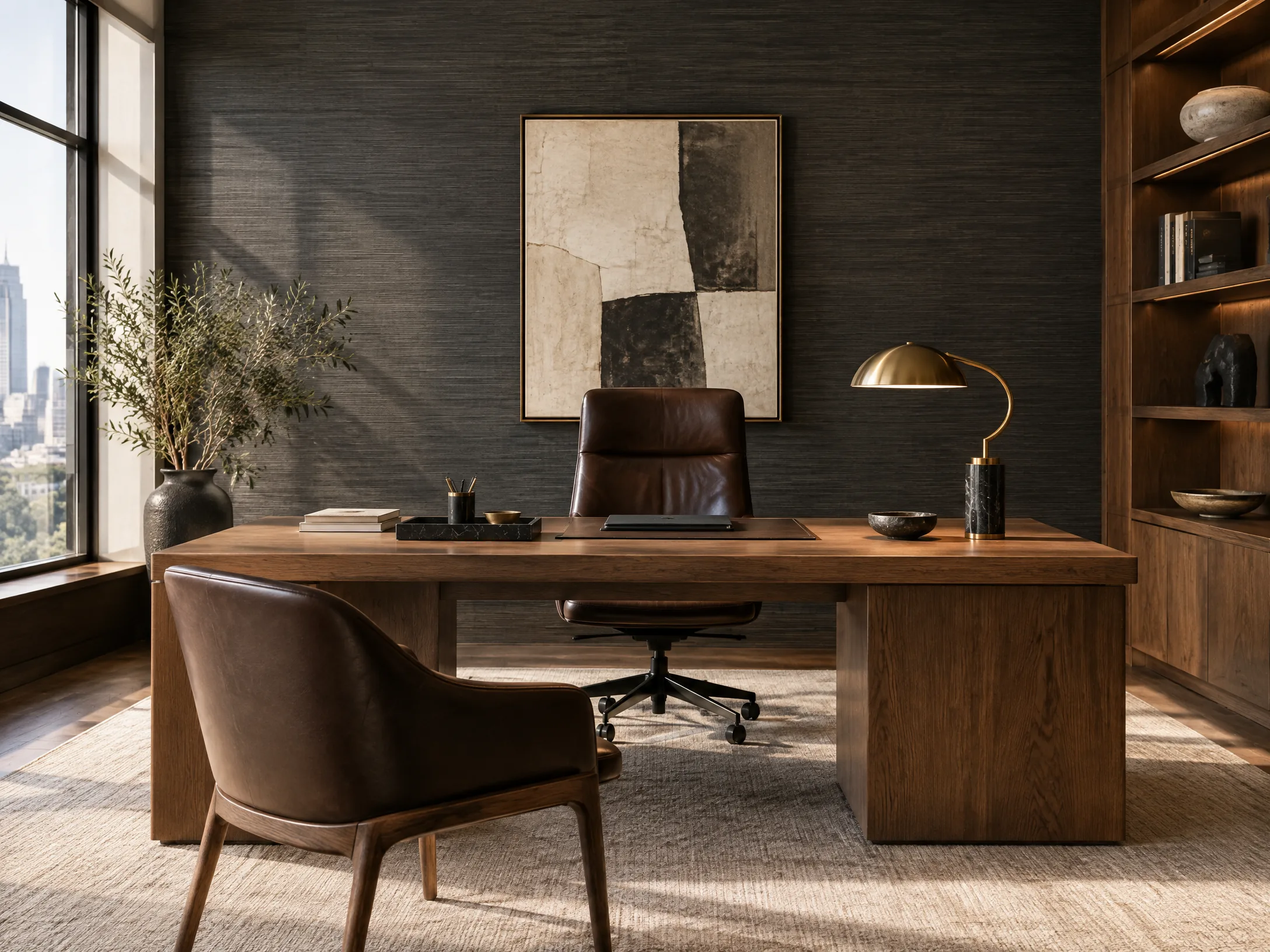 Executive office with dark grasscloth wallcovering