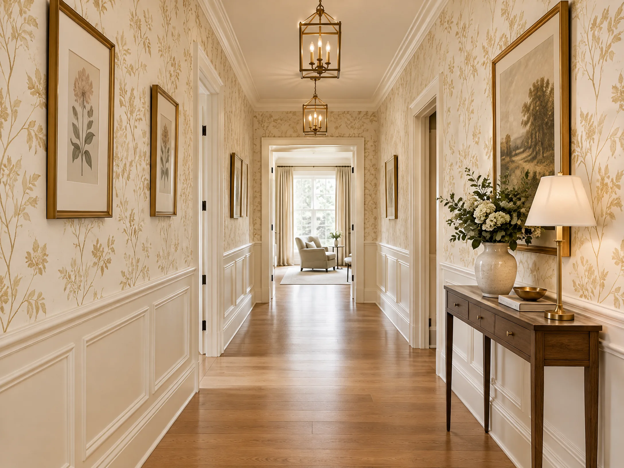 Luxury hallway with cream botanical wallpaper
