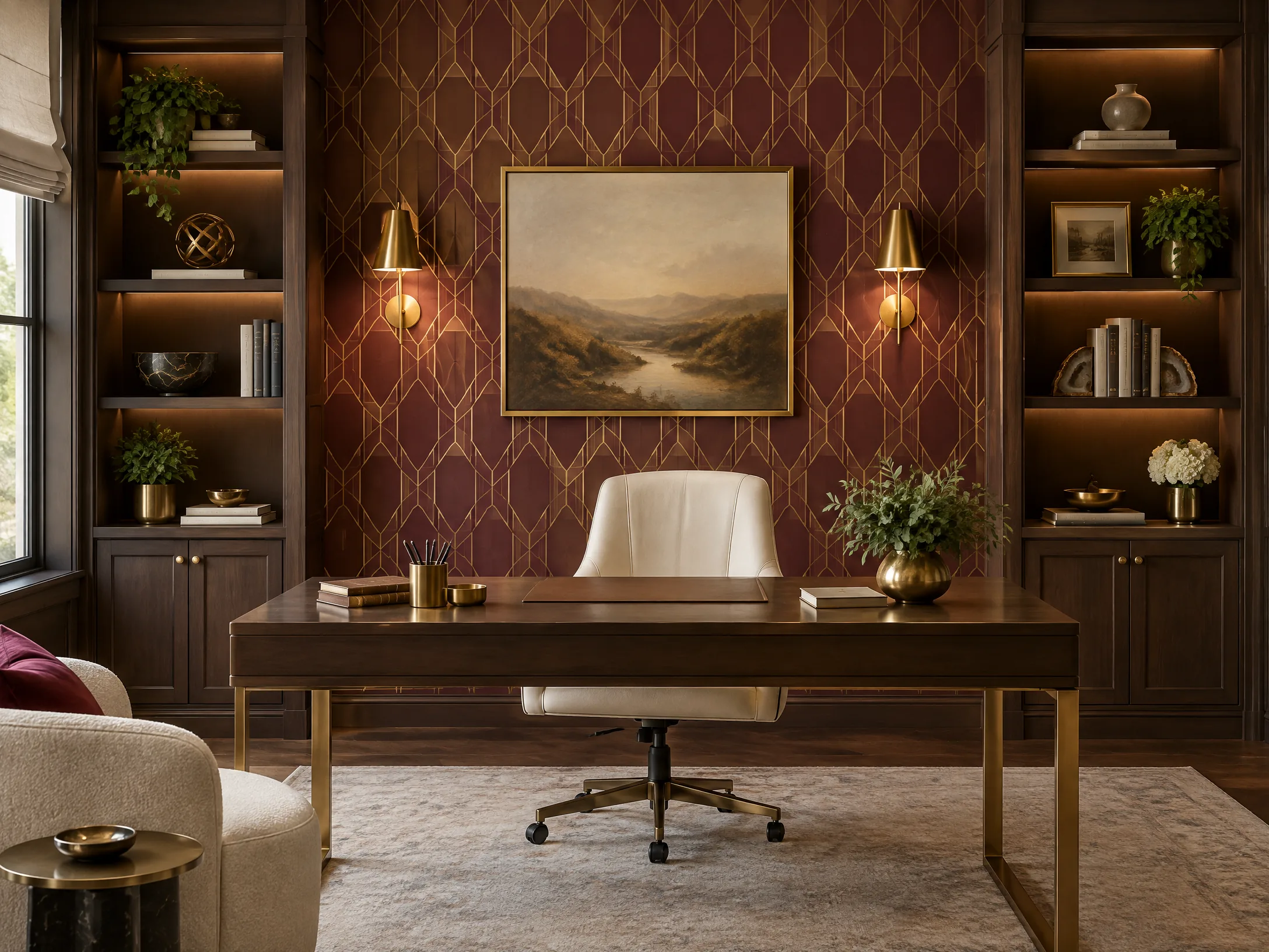 Prestigious home office with burgundy geometric wallpaper accent